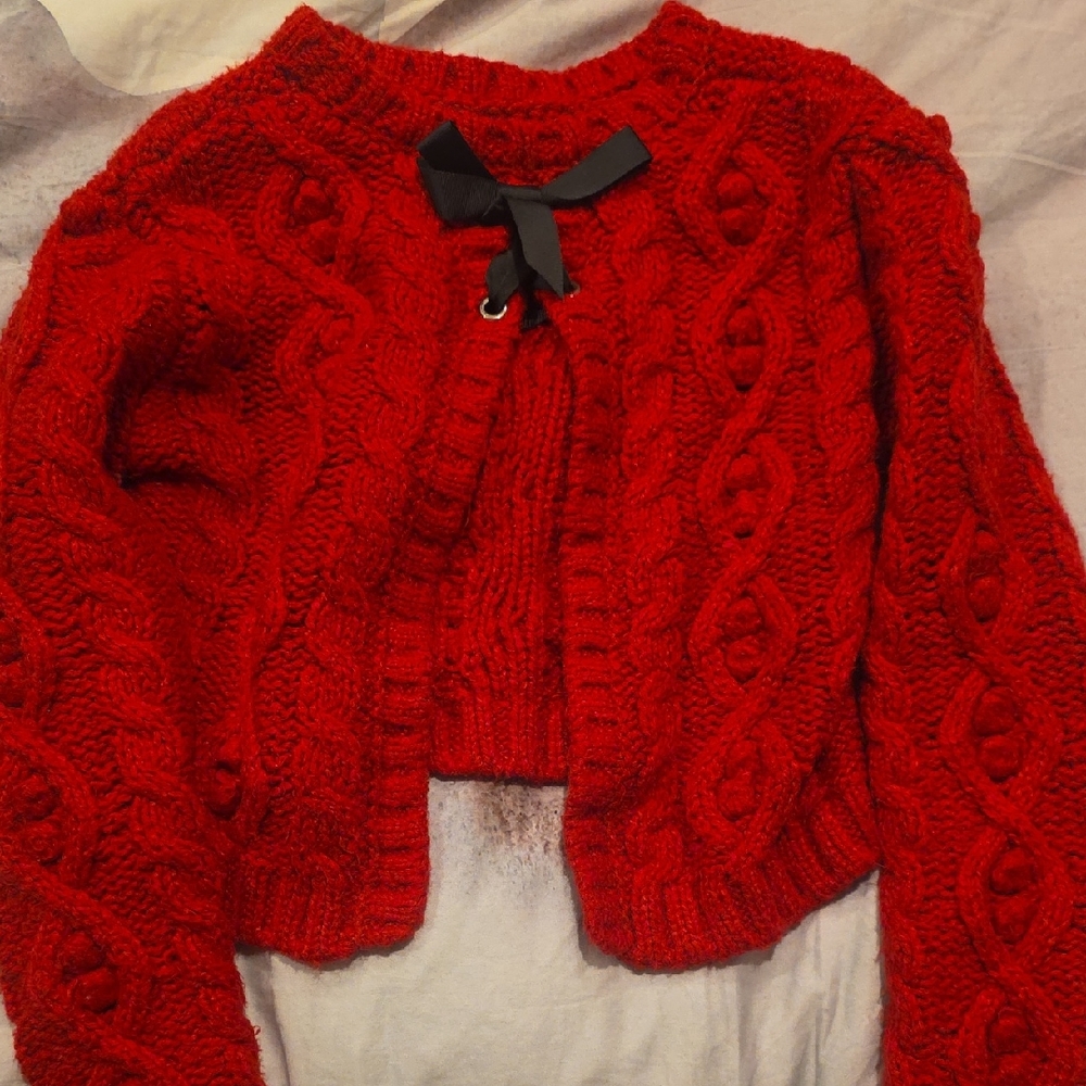 Charming Red Knit Sweater with Bow Accent